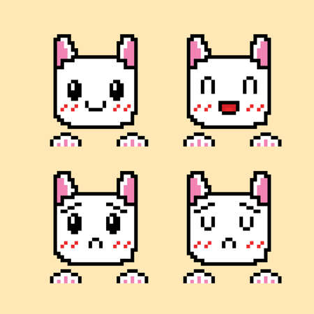 set of cute white cat emoticons with pixel art styleのイラスト素材