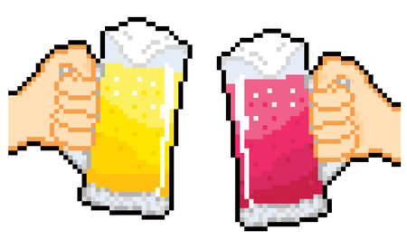 two hands holding beer glass with pixel art styleのイラスト素材