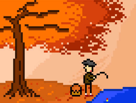 autumn tree and the fisher with pixel art styleのイラスト素材