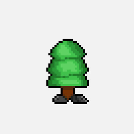 spruce tree with stone in pixel art styleのイラスト素材