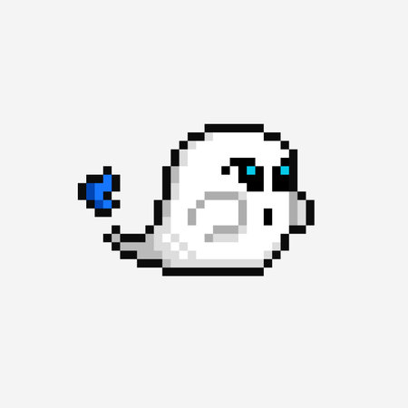 white ghost with blue flame in pixel art styleのイラスト素材
