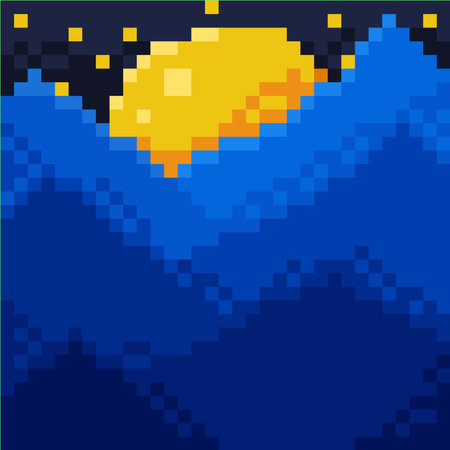 mountains in midnight view with pixel art styleのイラスト素材
