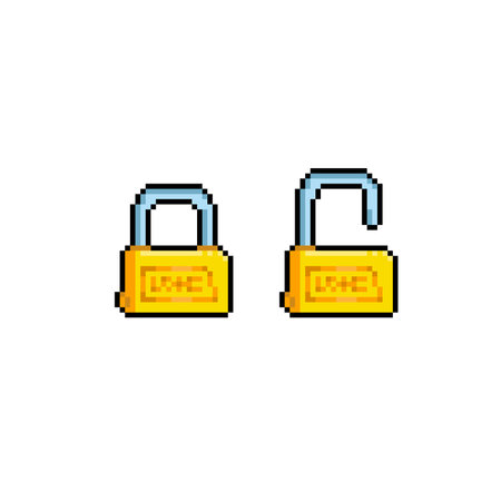 lock and unlock golden padlock in pixel art styleのイラスト素材