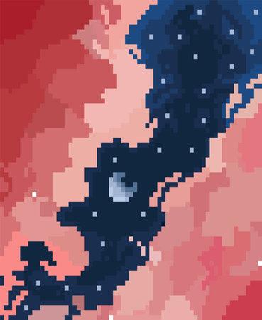 red cloud in the night view with pixel art styleのイラスト素材