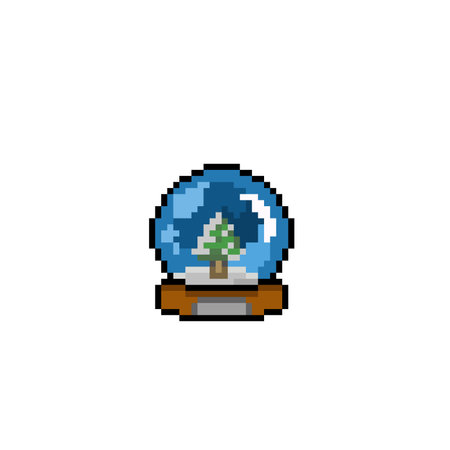 round glass with snow spruce tree in pixel art styleのイラスト素材