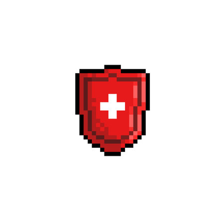 red shield with plus sign in pixel art styleのイラスト素材