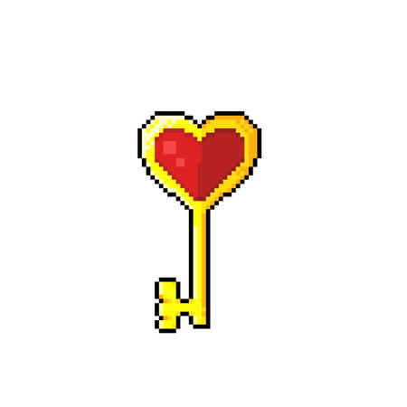 golden key with love shape in pixel art styleのイラスト素材