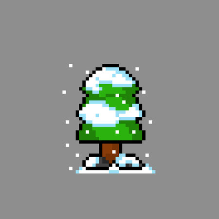 snowed tree in pixel art styleのイラスト素材