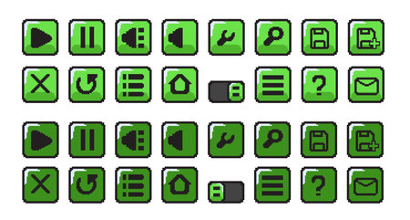Set of game user interface icons. Vector illustration in a pixel art style.のイラスト素材
