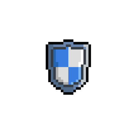 blue and white iron shield in pixel art styleのイラスト素材