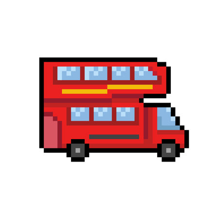 Pixel art red double decker bus isolated on white background. Vector illustration.のイラスト素材