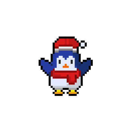 Christmas pixel art penguin wearing santa hat. Pixel art penguin isolated on white background.のイラスト素材