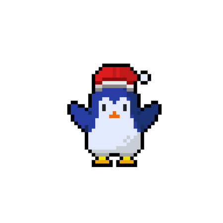 Pixel art penguin in Santa hat isolated on white background. Vector illustration.のイラスト素材