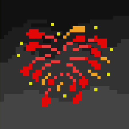 Pixel art illustration of red and yellow firework on black background.のイラスト素材