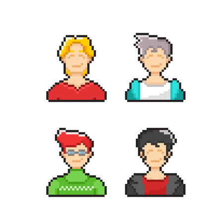 Set of 8 pixel art male avatars. Isolated on white background.のイラスト素材