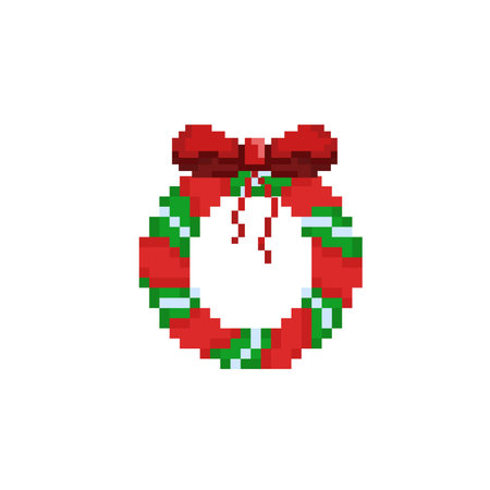 Christmas wreath in pixel art style. Vector illustration on white background.のイラスト素材