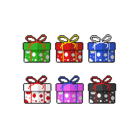 Set of pixelated gift boxes with bows and ribbons. Vector illustration.のイラスト素材