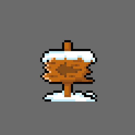 Pixel art signpost with snow isolated on grey background. Vector illustration.のイラスト素材