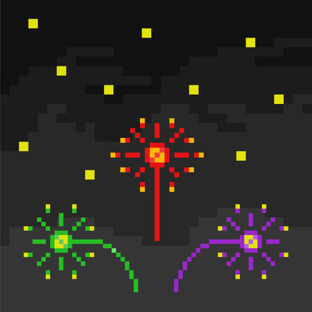 Pixel art firework. Vector illustration of a firework on a black background.のイラスト素材