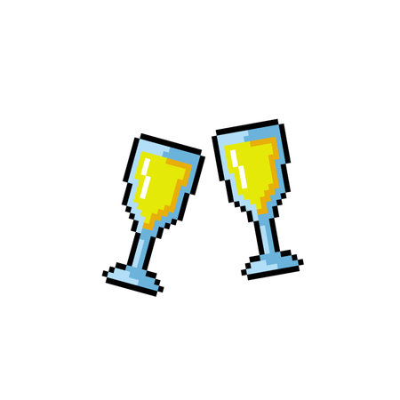 Two glasses of champagne, pixel art icon isolated on white background.のイラスト素材