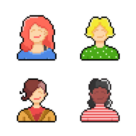Set of 8 pixel art avatars of different women. Vector illustrationのイラスト素材