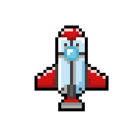 Pixel art rocket ship isolated on white background. Pixel art penguin.のイラスト素材