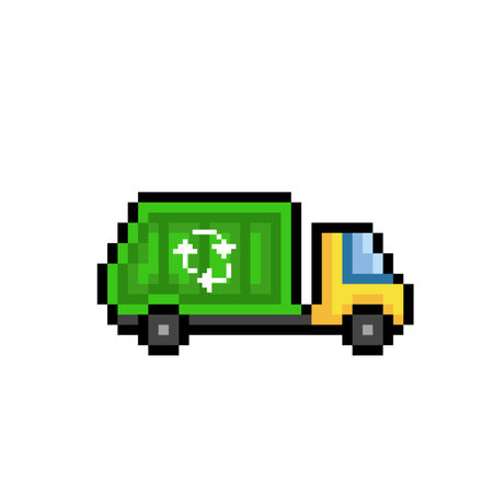 Pixel icon of green cargo truck with recycle sign. Vector illustration.のイラスト素材