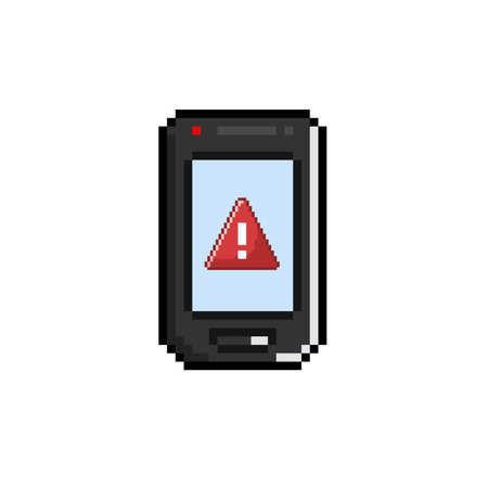 Smartphone with warning sign. Pixelated icon. Vector illustration.のイラスト素材