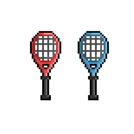 Tennis racket pixel art icon. Vector illustration isolated on white background.のイラスト素材