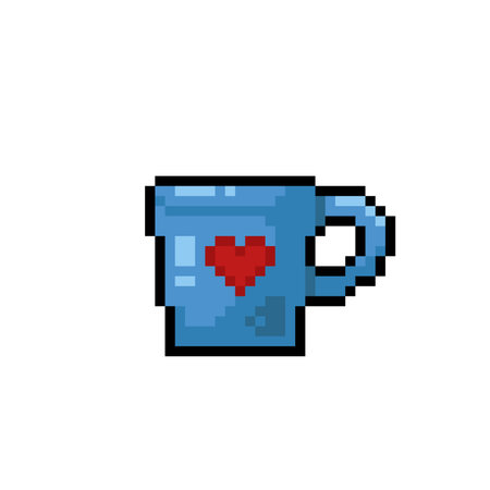 Cup of coffee or tea with heart icon. Pixel art vector illustrationのイラスト素材