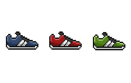 Set of pixel icons. Sneakers in different colors. Vector illustrationのイラスト素材