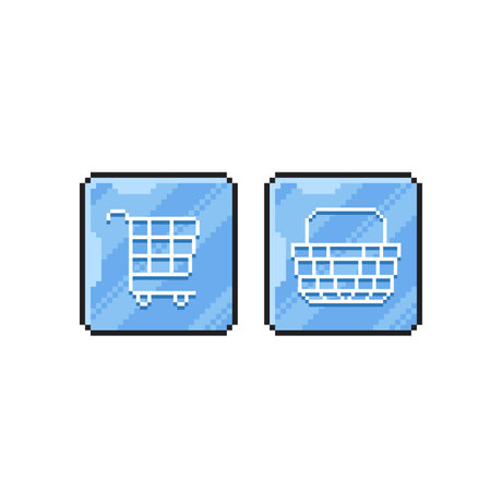 Set of pixel art icons with shopping cart and basket button. Vector illustrationのイラスト素材