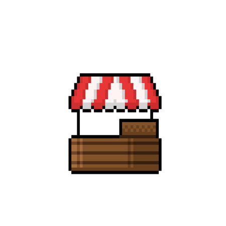 Pixel art kiosk with awning. Vector illustration in pixel art style.のイラスト素材