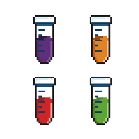 Set of pixel icons of test tubes with colored liquids. Vector illustrationのイラスト素材
