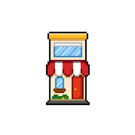 Pixel shop building isolated on white background. Vector illustration in pixel art style.のイラスト素材