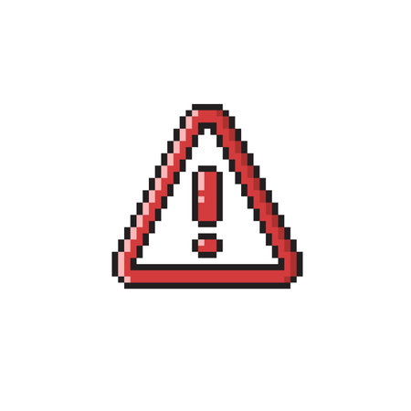 Warning sign with exclamation mark in pixel art style. Vector illustration.のイラスト素材
