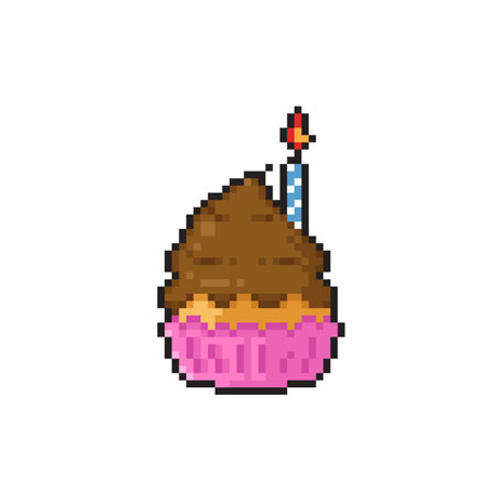 pixelated birthday cupcake with candle vector illustration. isolated on white backgroundのイラスト素材