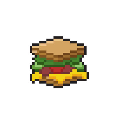pixel art burger isolated on white background. 8 bit fast food iconのイラスト素材