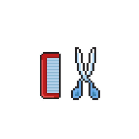 Vector pixel art illustration of scissors and comb isolated on white background.のイラスト素材