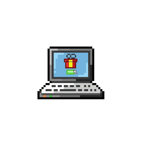 Pixel art vector illustration of a laptop with a gift box on the screen.のイラスト素材