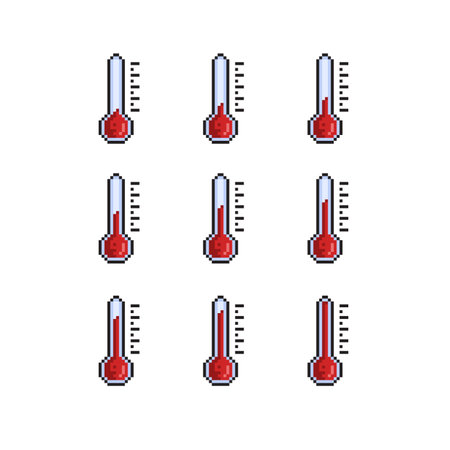 Set of pixelated thermometers with different temperature. Vector illustration.のイラスト素材