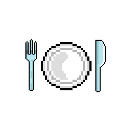Pixel art cutlery, fork and knife. Vector illustration.のイラスト素材