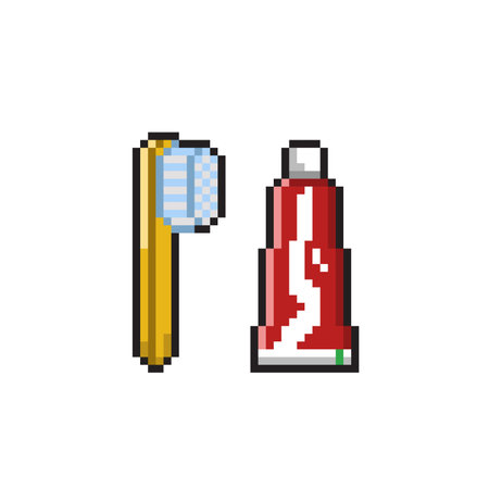 Pixel art toothbrush and toothpaste. Pixel art vector illustration.のイラスト素材