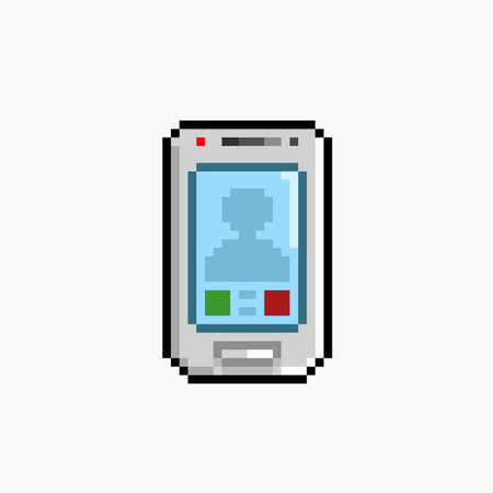 Pixel art mobile phone. Vector illustration of a mobile phone isolated on white background.のイラスト素材