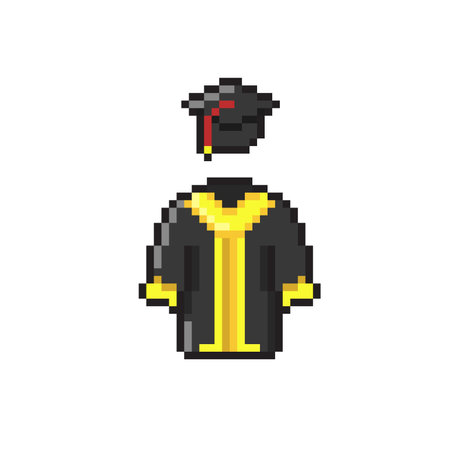 Pixel art graduate outfit. Graduation cap and gown. Vector illustrationのイラスト素材