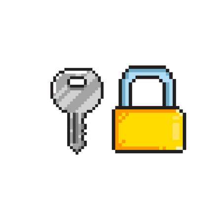 Lock and key pixel art icon. Isolated on white background.のイラスト素材