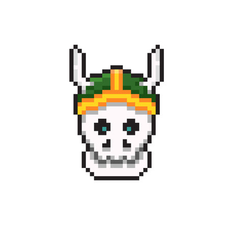 Pixel art illustration of a skull wearing a hat and a mask.のイラスト素材
