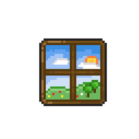 Pixel art illustration of a window with a view of the landscape.のイラスト素材