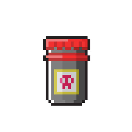 Pixel art bottle with pills. Pixelated icon isolated on white backgroundのイラスト素材