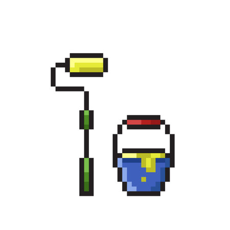 Pixel art paint roller, brush and bucket isolated on white background.のイラスト素材